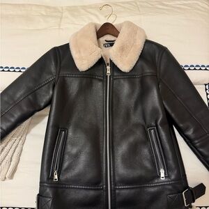 Zara Black Leather Jacket with Cream Faux Fur Collar